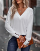 Long-Sleeve Button-Up Solid Colour V-Neck Top