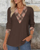 V-Neck Knit Sweater with Plaid Panels