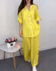 Solid Colour Blouse and Wide-Leg Pants Set with Lace and Button Pocket