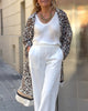 Long Casual Coat with Leopard Print Lapel