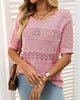 Short-Sleeve Crochet-Knit Sweater with Crew Neck for Women