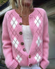 Buttoned Cardigan with Diamond Plaid Print
