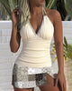 Ribbed V-Neck Swimsuit with Printed Skirt