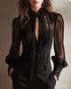 Stand-Collar Blouse with Lace Insert and Bow Tie