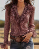 Flounce-Sleeve V-Neck Blouse with Leopard Print