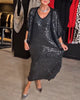 Sequin Split Dress Set with V-Neck
