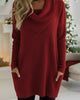 Solid Colour Turtleneck Sweater Dress with Pocket
