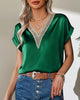 Short-Sleeve Solid Colour Blouse with Lace V-Neck