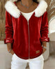 Velvet Hooded Coat with Faux-Fur Collar
