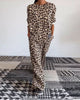 Casual Leopard Print Two-Piece Set with Crew Neck and Wide-Leg Pants