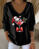 Loose-Fit V-Neck Top with Christmas Wine Glass Print