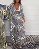 Loose Retro Print Jumpsuit with Bell Sleeves and Deep V-Neck