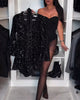 Long-Sleeve V-Neck Sequin Jumpsuit