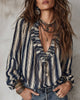 Deep V-Neck Vertical Stripe Loose Blouse