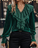 Long-Sleeve V-Neck Velvet Top with Ruching