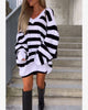 Casual Knit Sweater Dress with Contrast Stripes and V-Neck