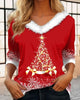 Fuzzy V-Neck Top with Christmas Tree Print