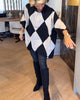 Mock-Neck Sweater with Irregular Argyle Print