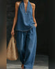 Halter Neck Vest & Wide-Leg Denim Two-Piece Set