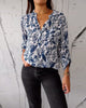 Casual Button-Front Leaf Print Blouse with V-Neck and Nine-Point Sleeves